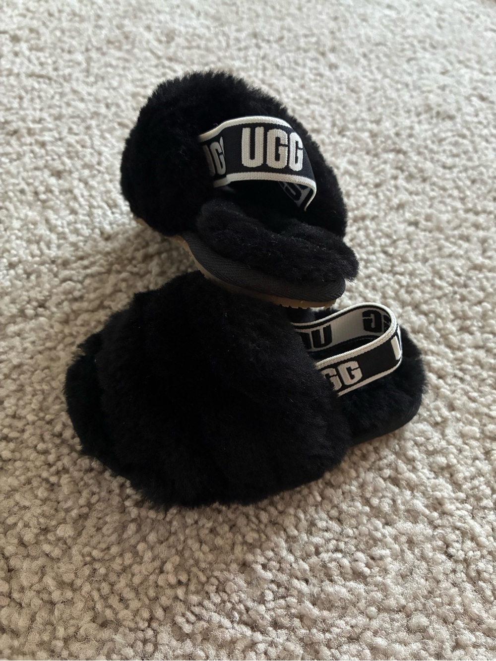 UGG Fluff Yeah Black Plush Logo-Back Strap Slides Baby